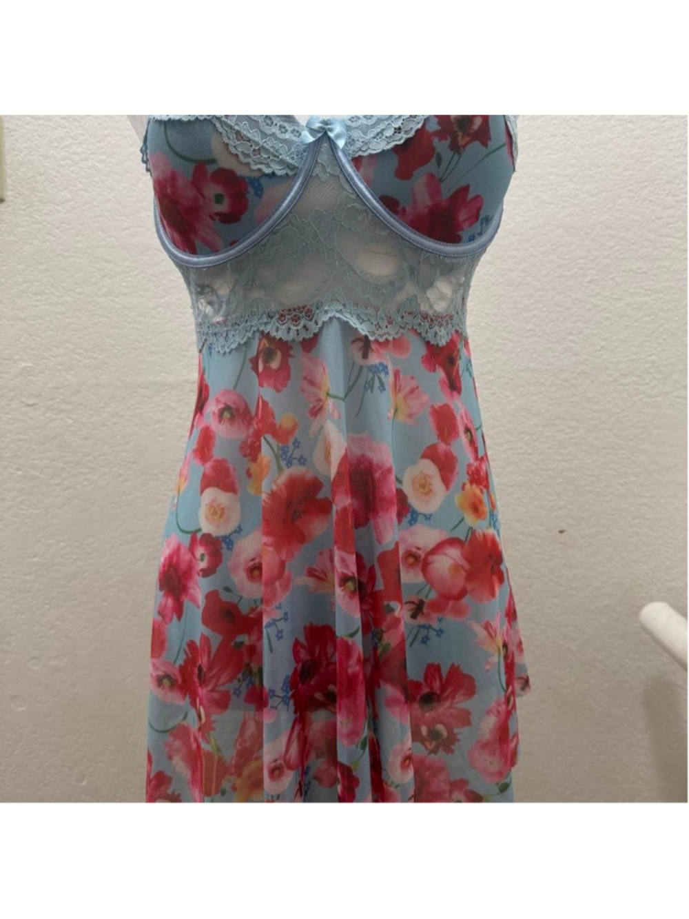 Blue & red floral lace babydoll slip dress with lace trim and bow detail, size L
